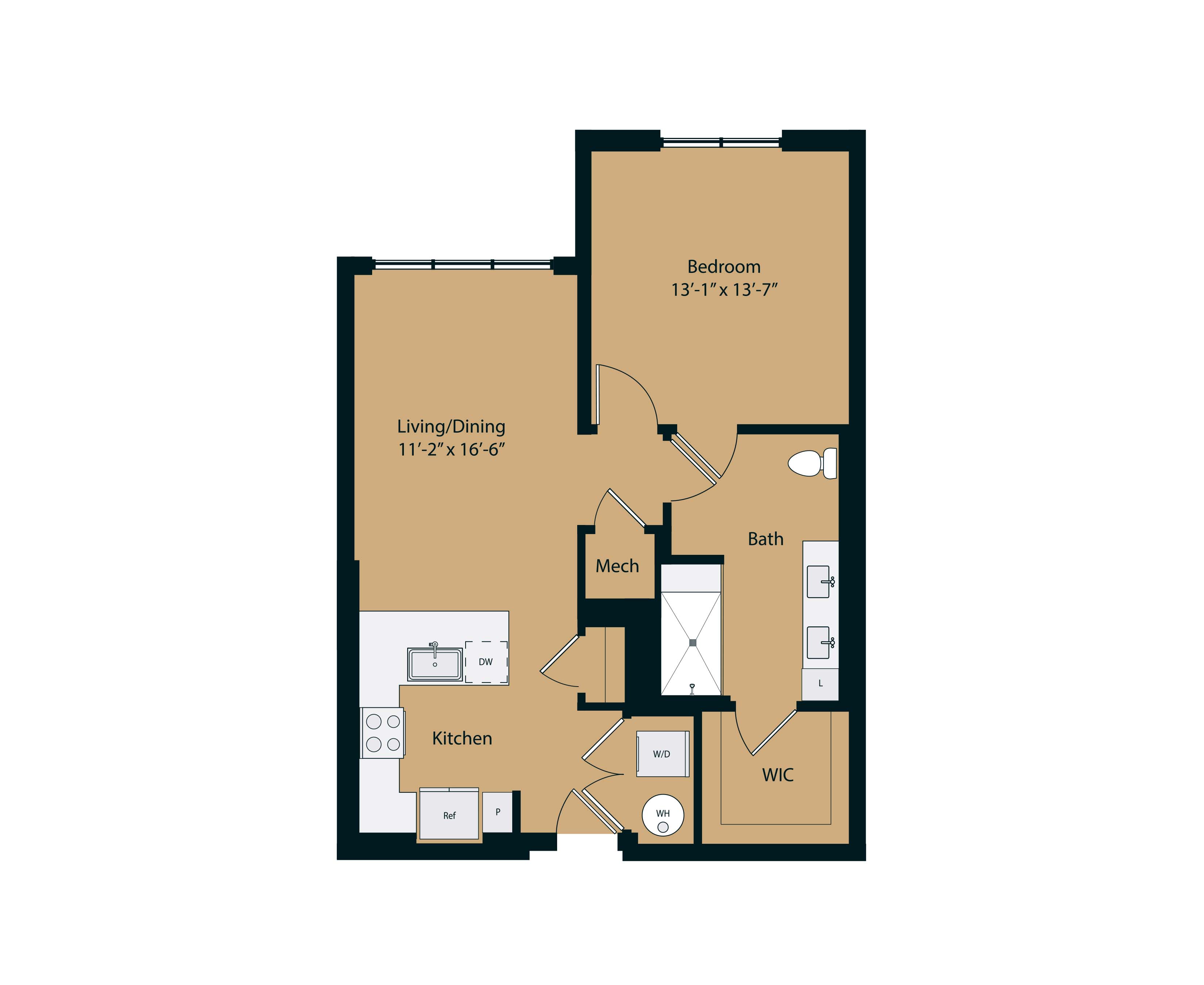 Floor plan for 1 bed, 1 bath, 805 sqft